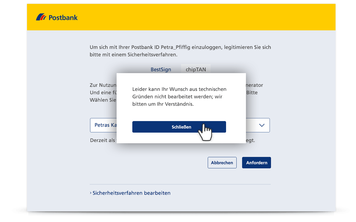 Das Postbank chipTAN-Verfahren wird abgelehnt