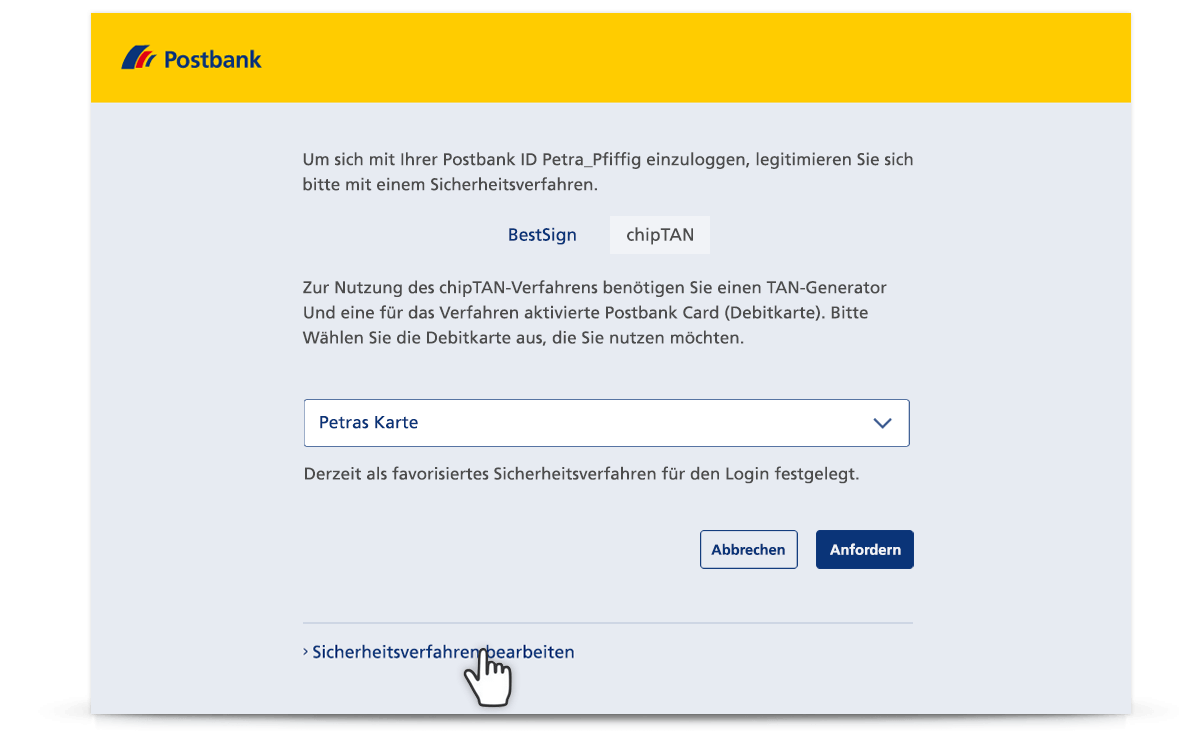 Beginn der Einrichtung von Postbank BestSign unter „Sicherheitsverfahren bearbeiten“