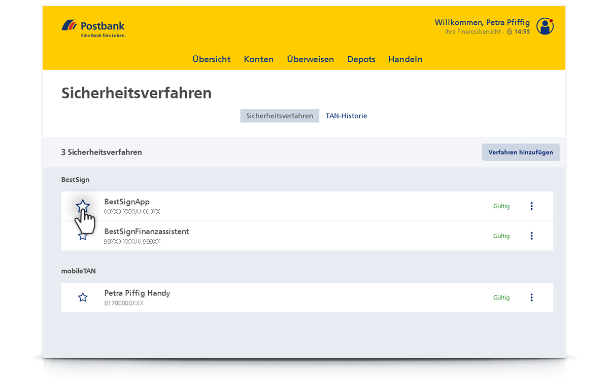 Postbank BestSign App als bevorzugtes Sicherheitsverfahren einrichten