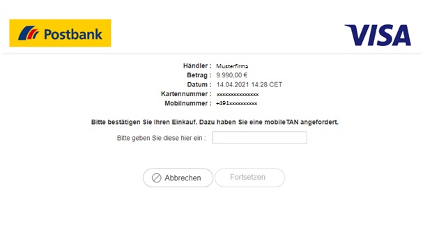 Auswahl mobileTAN – Eingabe des Einmalpasswortes