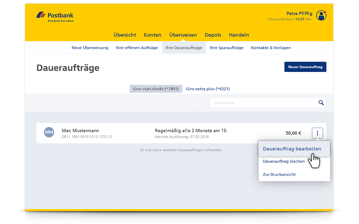 „Dauerauftrag bearbeiten“ auswählen