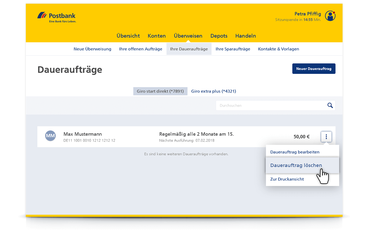 „Dauerauftrag löschen“ auswählen