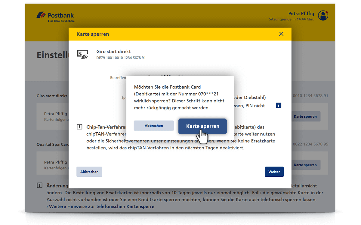 „Karte sperren“ bestätigen