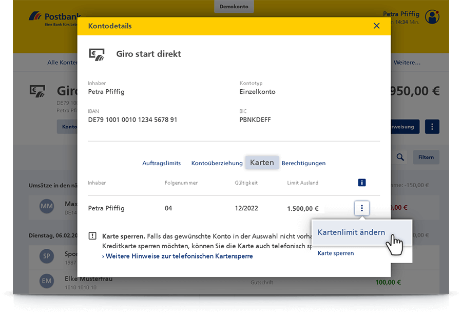 „Kartenlimit ändern“ auswählen